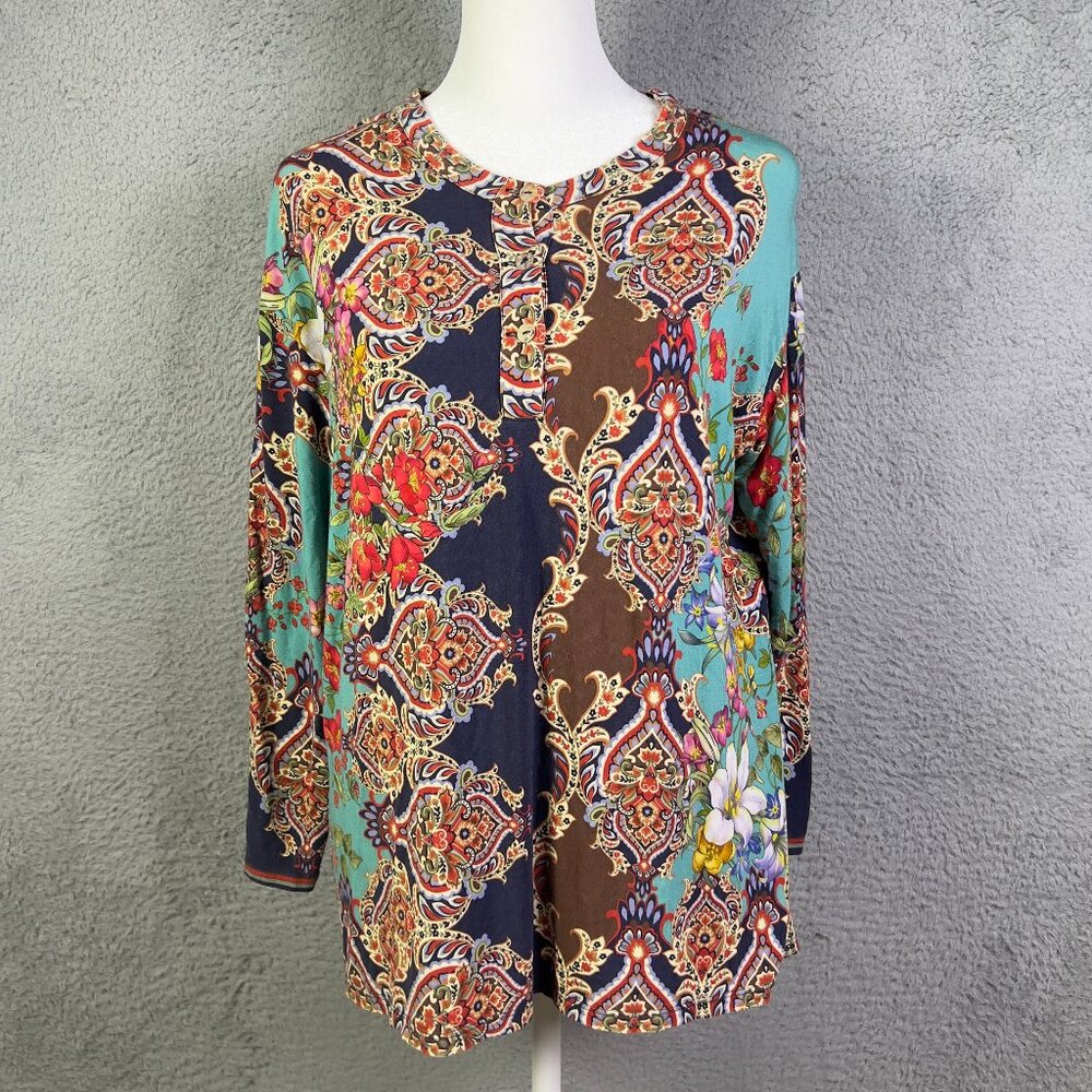 Johnny Was Indi Henley Top Womens Small Multicolor Paisley Floral Long Sleeve